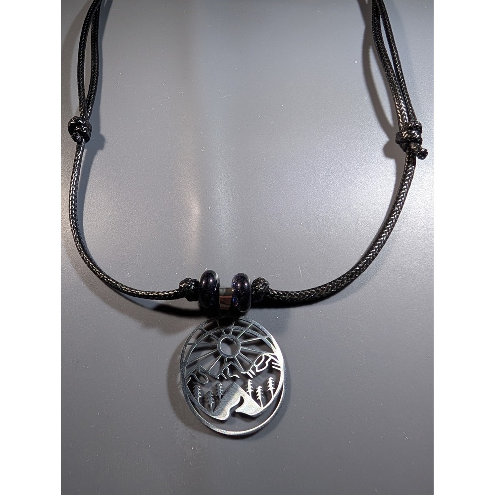 Mountain Sun Stainless Steel Charm Necklace Adjustable Black Cord Jewelry